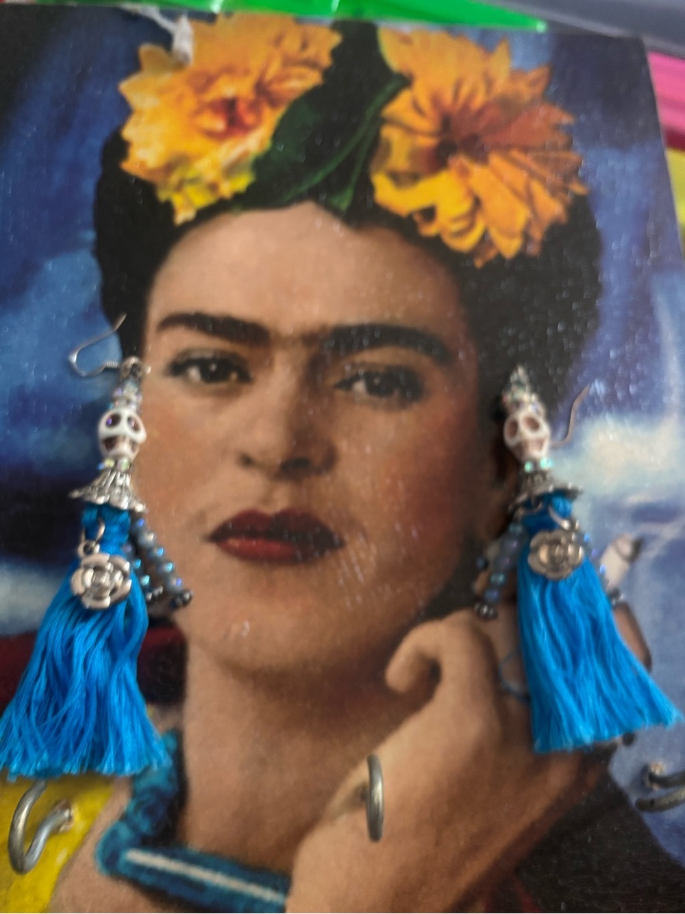 Vibrant Blue Tassel Skull Drop Earrings with Floral Accents